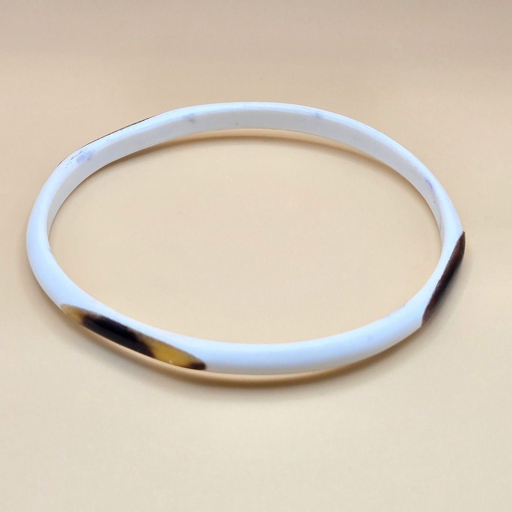 Vintage White Resin Bangle Bracelet with Buffalo Horn‎ Inlay Accents